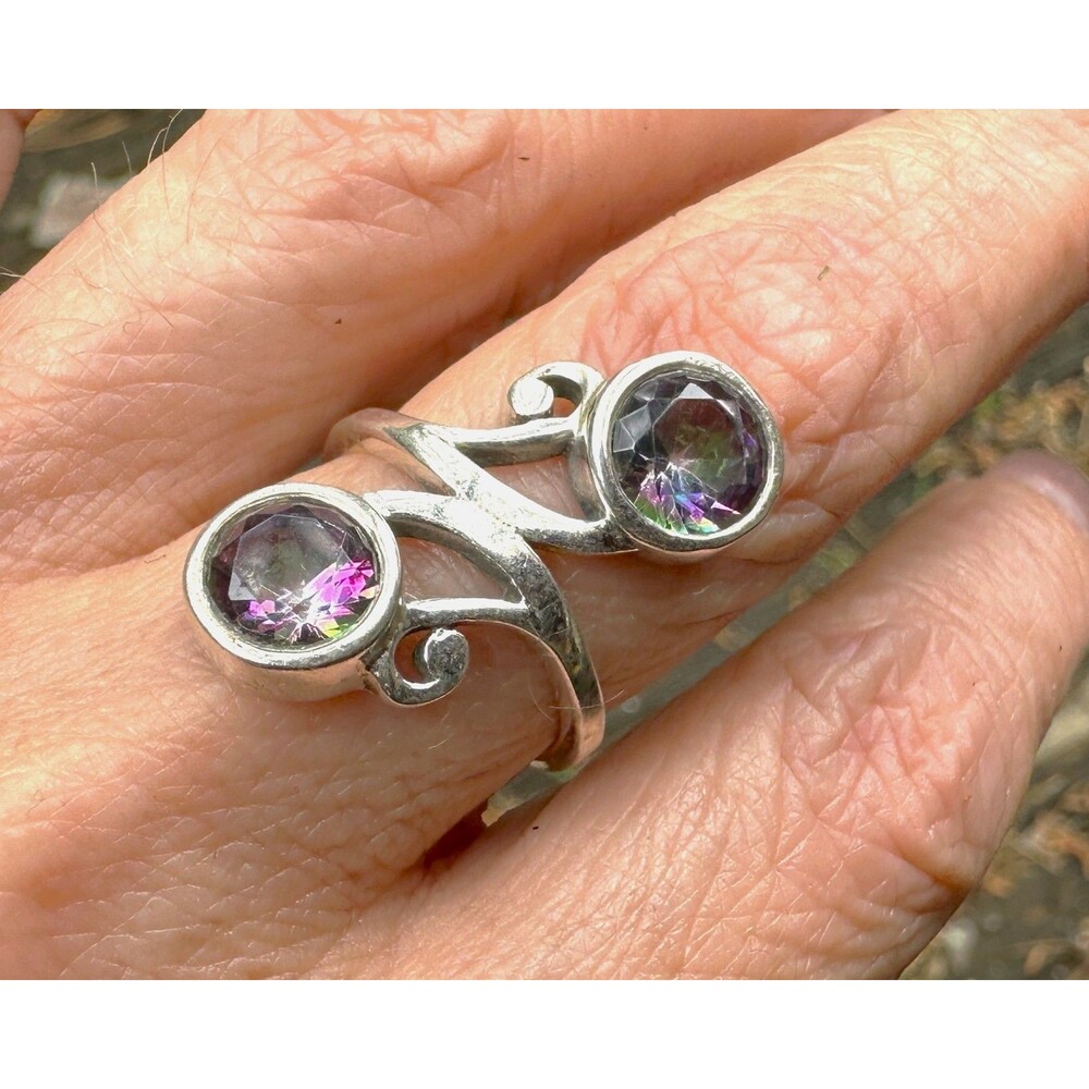 Mystic Quartz 2 Stone Ring 925 Sterling Silver Openwork Swirl Design Size 6